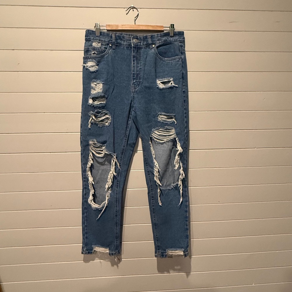 Refuge Denim Mom Jeans Womens 11 Blue Distressed High Rise Shredded Vintage Look